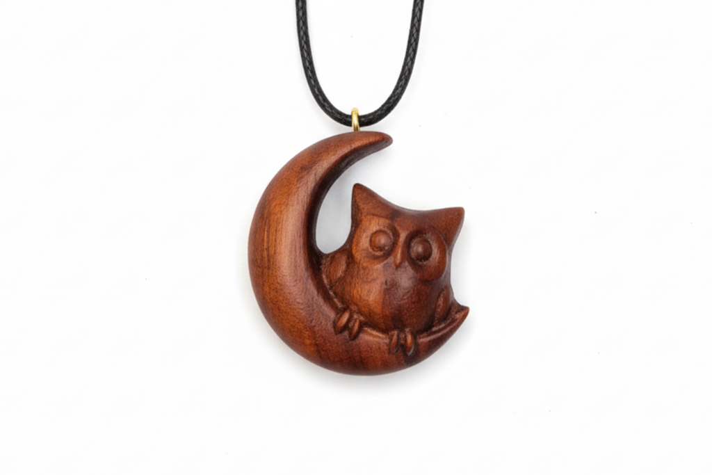 Wooden owl pendant on a crescent moon with a black cord against a white background