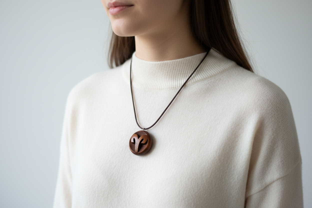 Aries pendant on model with cashmere sweater