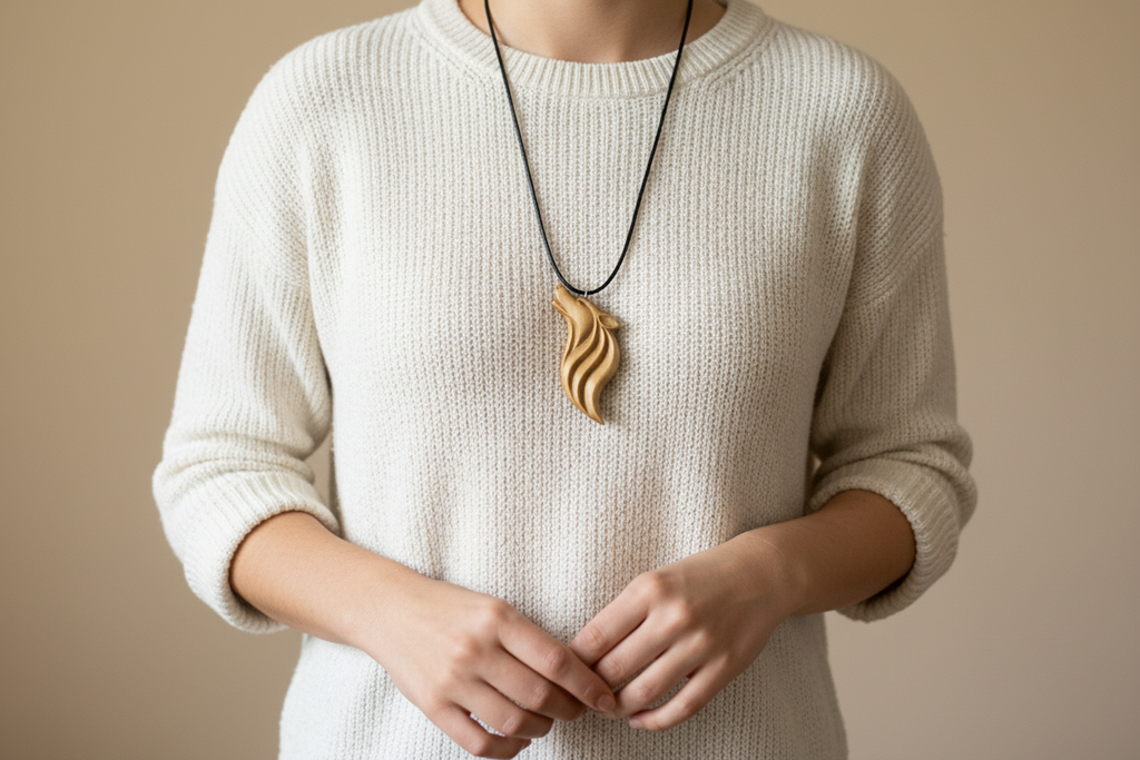 Maple wood wolf pendant on model - final