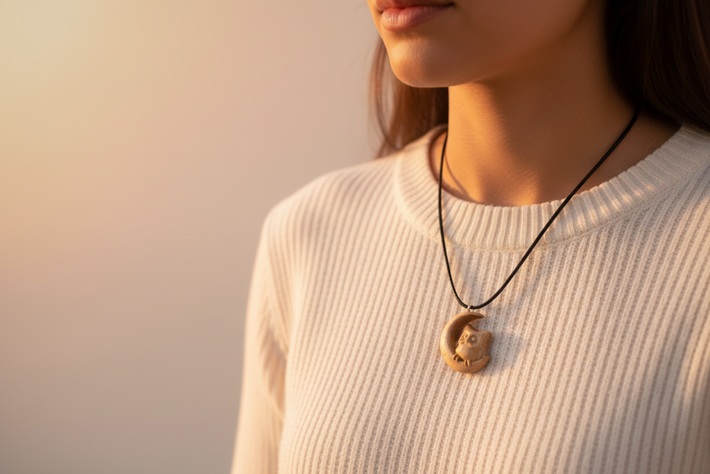 Moon Owl Pendant — Silver Maple Wood
