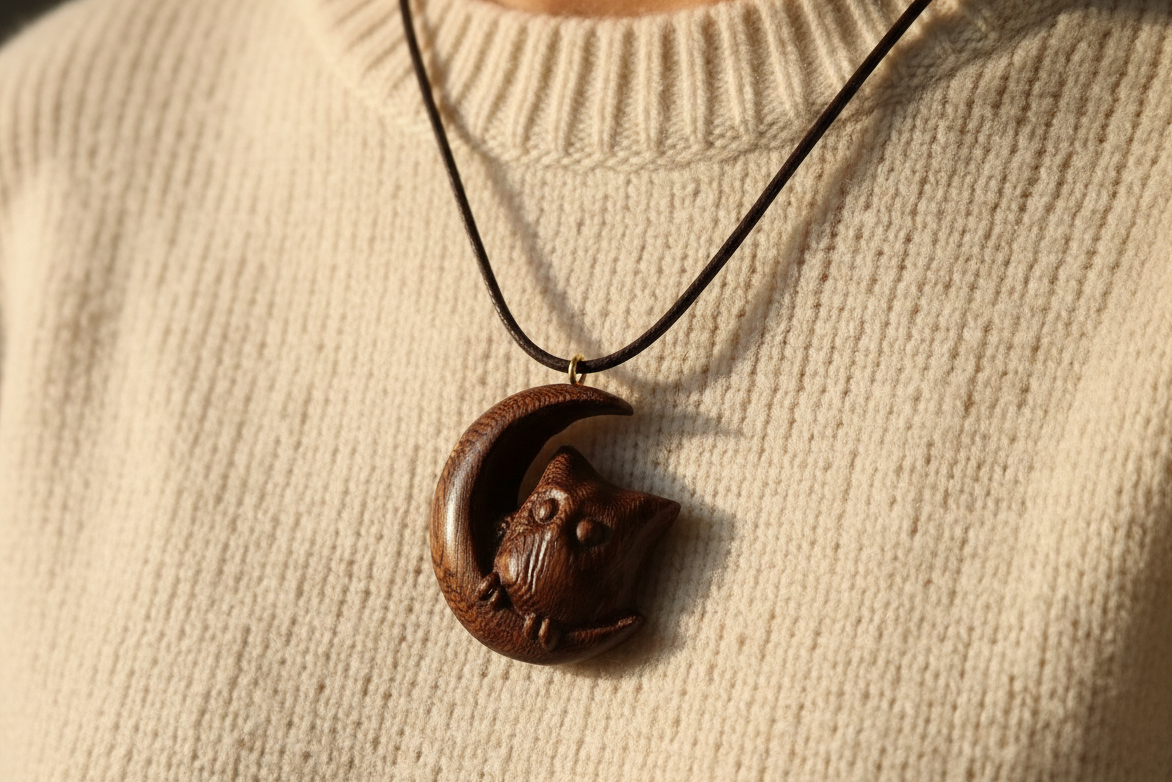 Moon Owl Talisman — Wengé Wood