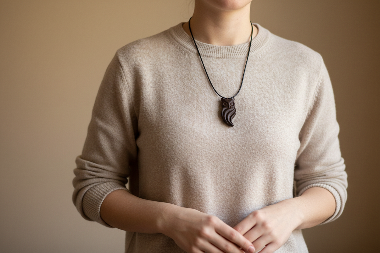 Wengé wood owl pendant on model